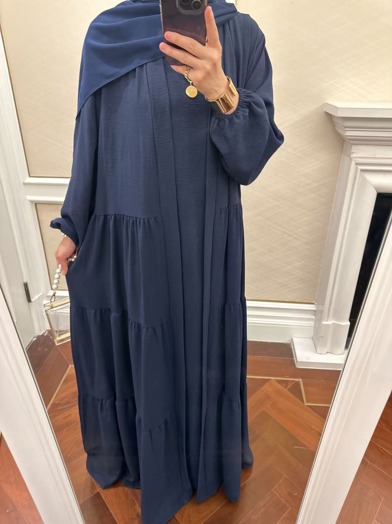Modest Two Piece Maxi Dress with Open Abaya and Belt