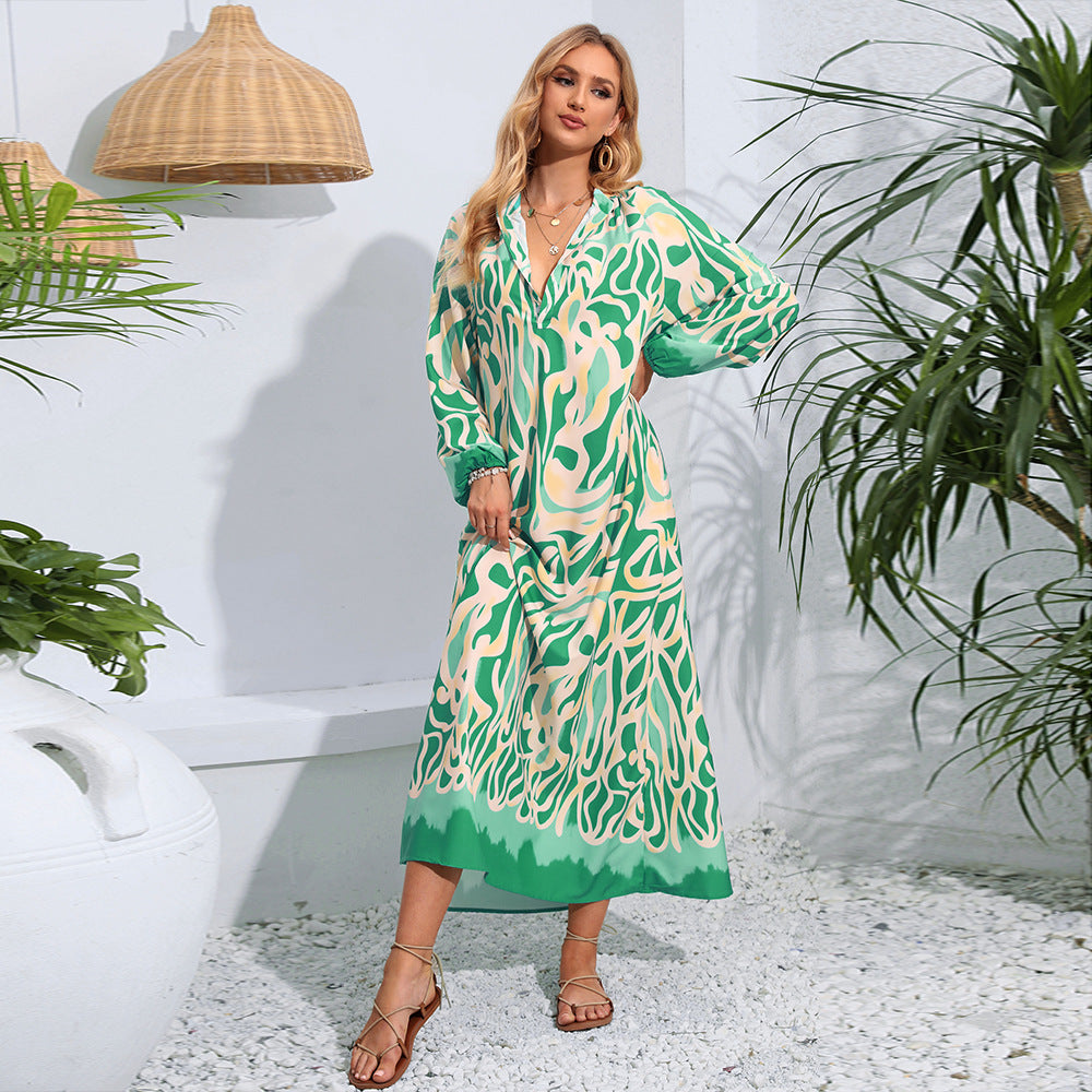 Pullover V-neck Print Swept Long Sleeve Dress