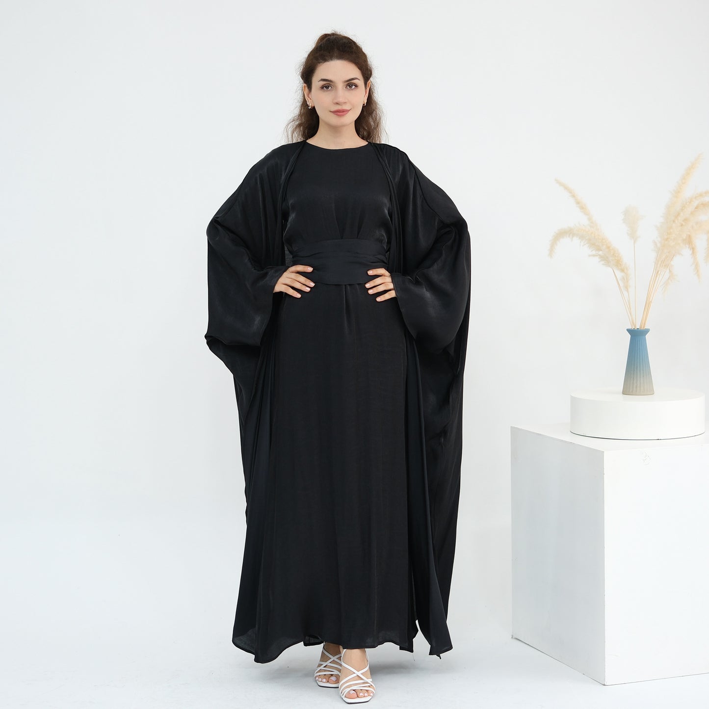Elegant Solid Color Two Piece Abaya Set with Inner Dress