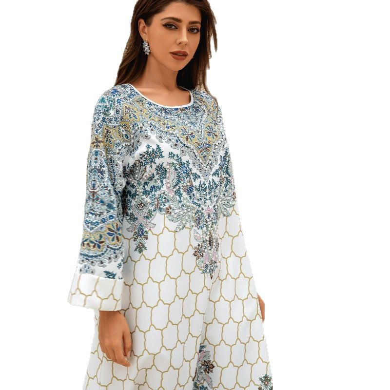 Muslim Polyester Beaded Rhinestone Party Maxi Dress