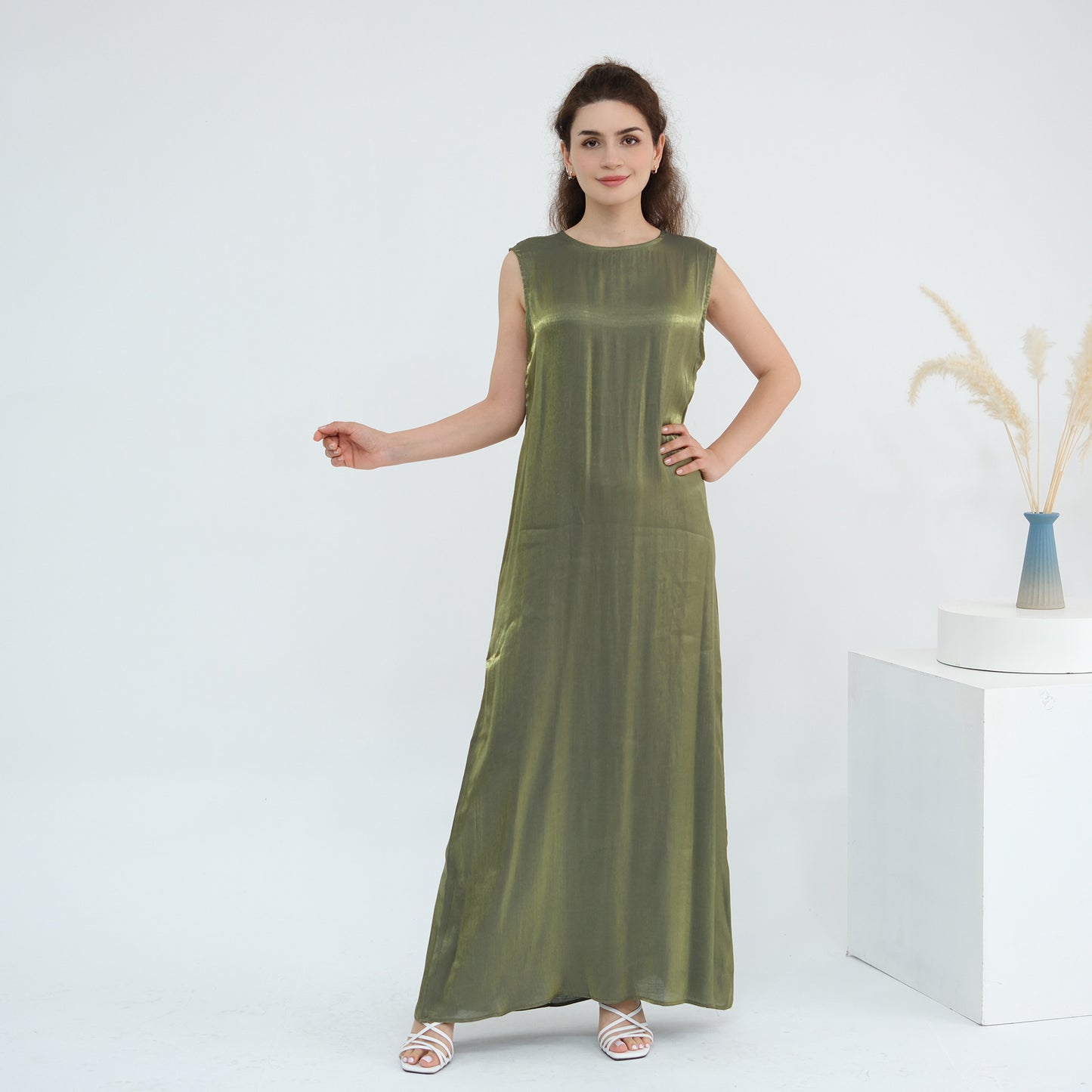 Elegant Solid Color Two Piece Abaya Set with Inner Dress