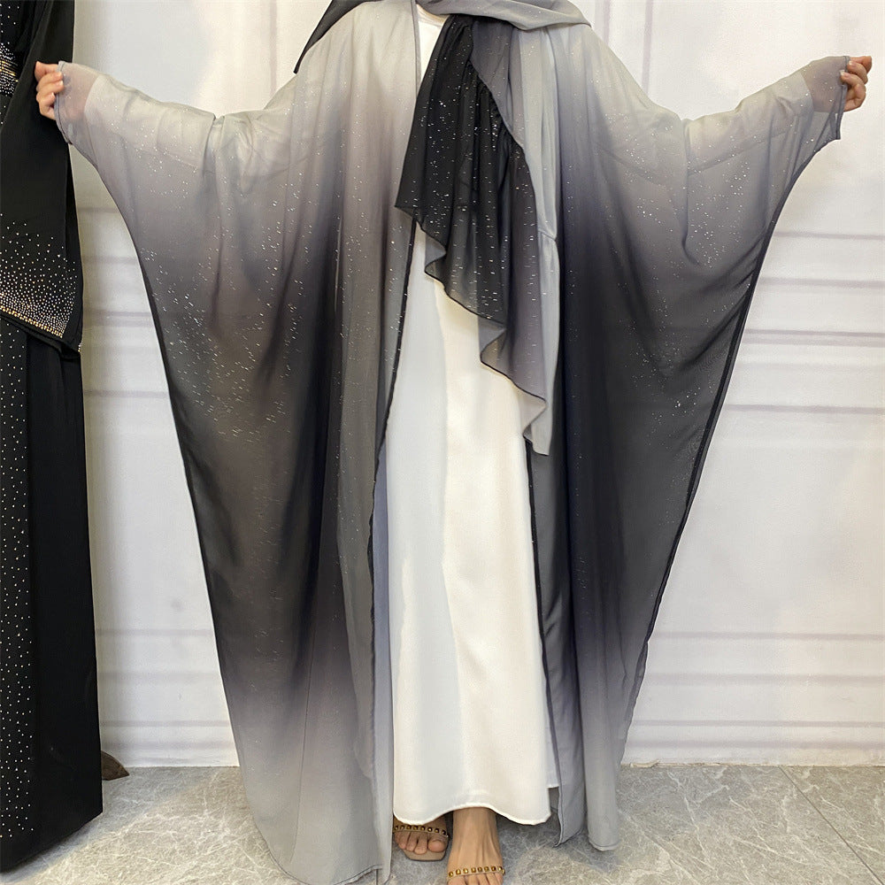 Muslim Chiffon Cardigan Gradient Bat Sleeve Set with Hijab