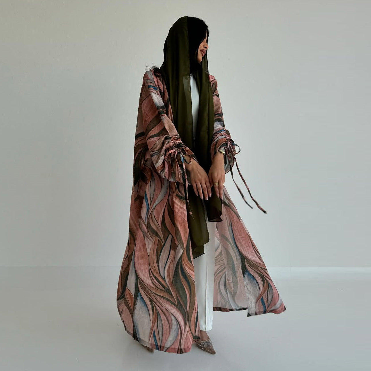 Women's Crinkled Linen Print Robe Open Abaya