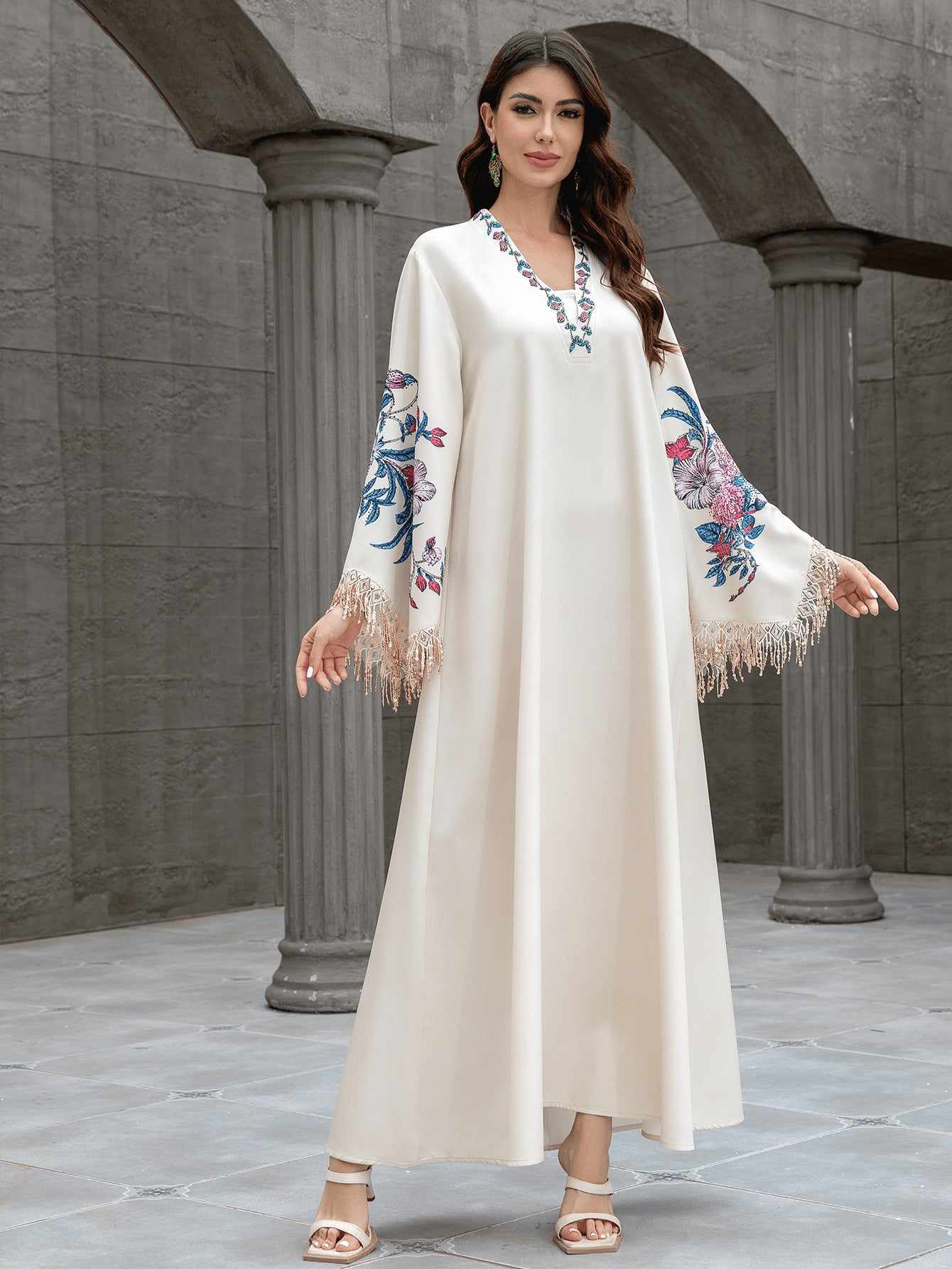 Muslim Polyester Fringe Rhinestone Party Maxi Dress