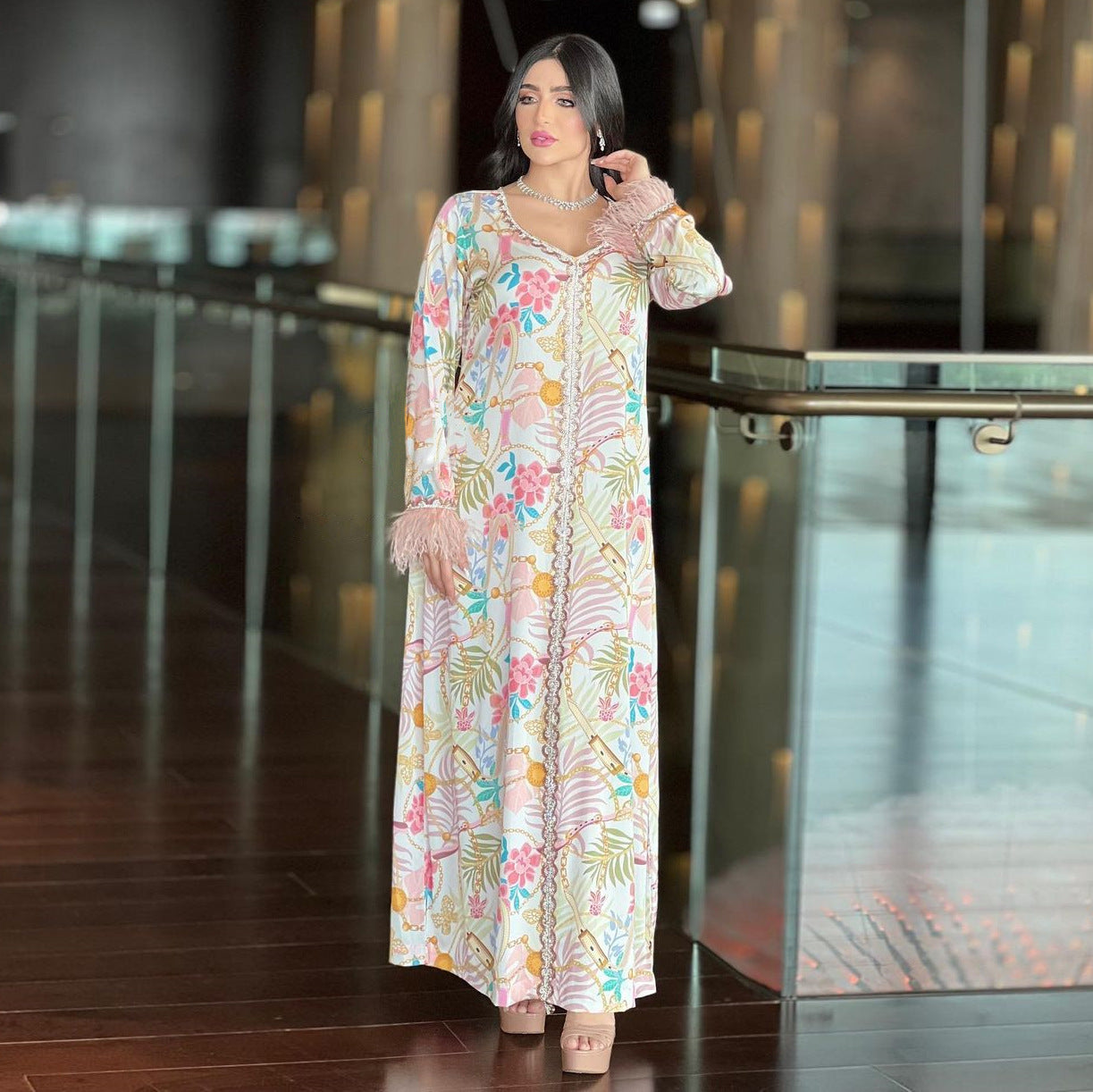 Hot Diamond Ostrich Feather Patchwork Printed Dress