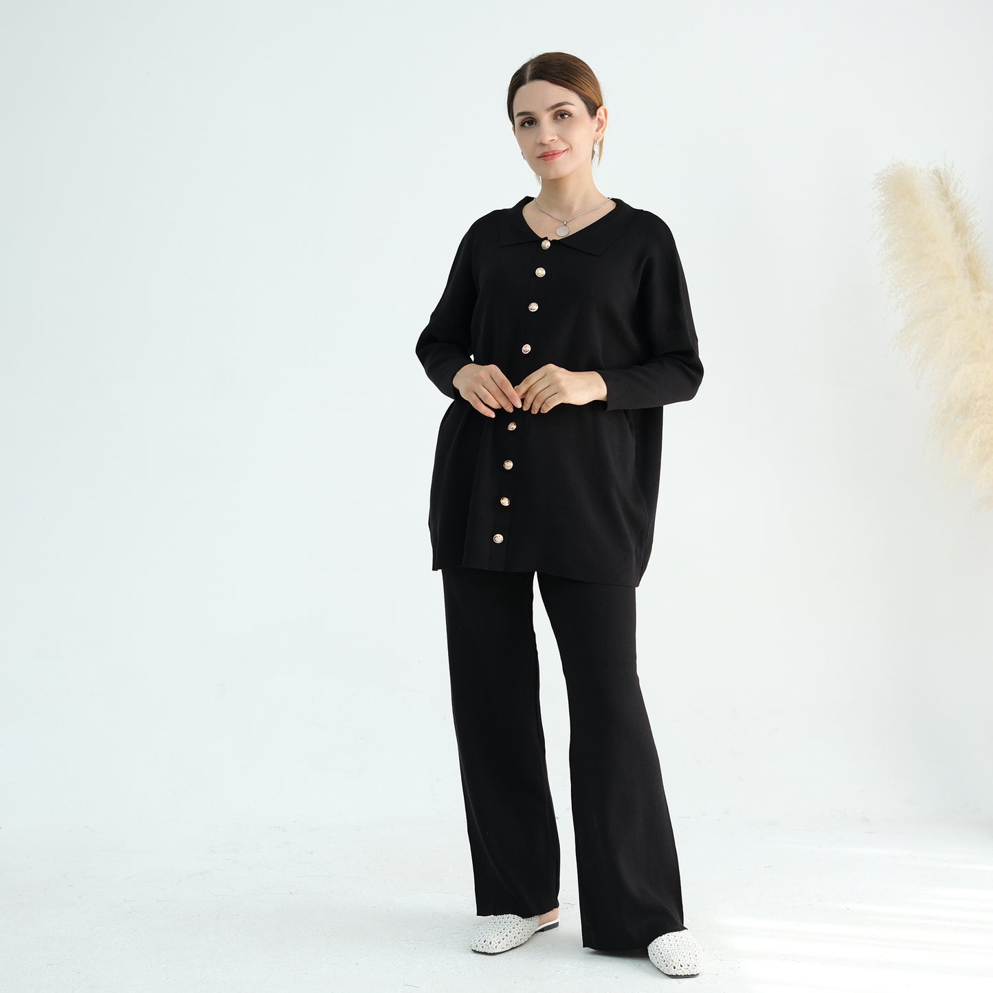 Thickened Knitted Sweater Wide-Leg Pants Trousers Two-Piece Set