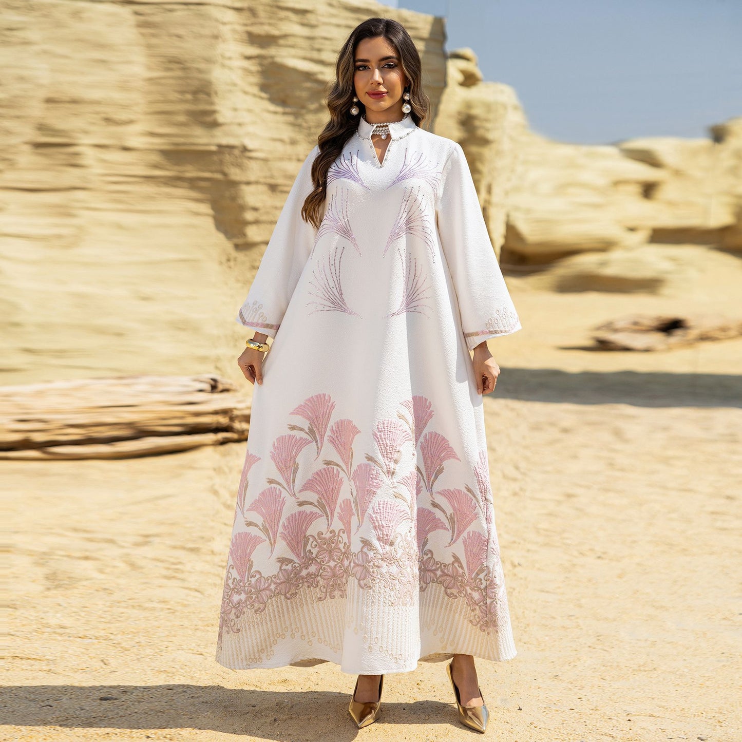 Muslim Women's Jacquard Dress with Rhinestones
