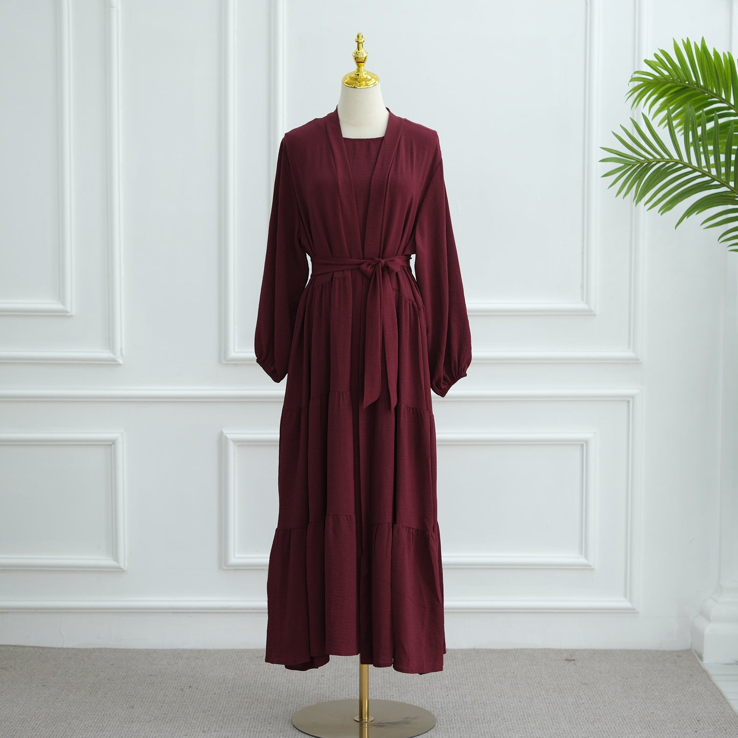 Modest Two Piece Maxi Dress with Open Abaya and Belt