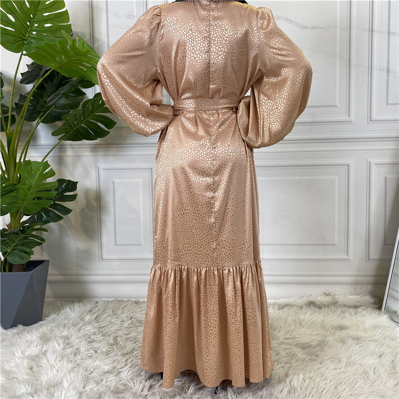 Modest Gold Jacquard Abaya Maxi Dress for Muslim Women