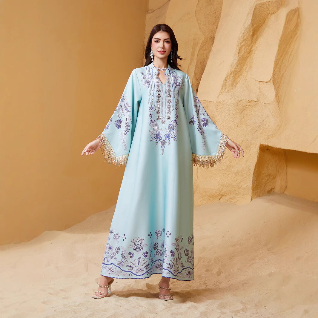 Fringe-Sleeve Embroidered Muslim Kaftan Dress