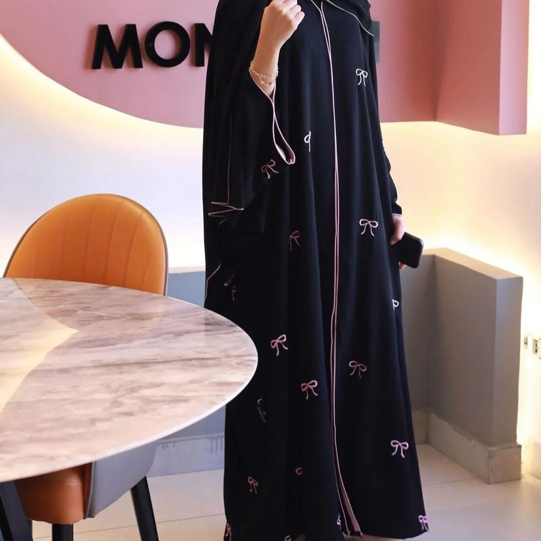 Bow Embroidered Cardigan Robe Open Abaya