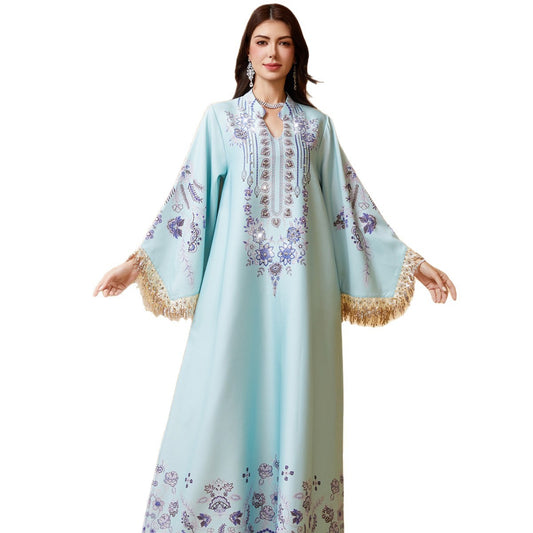 Fringe-Sleeve Embroidered Muslim Kaftan Dress