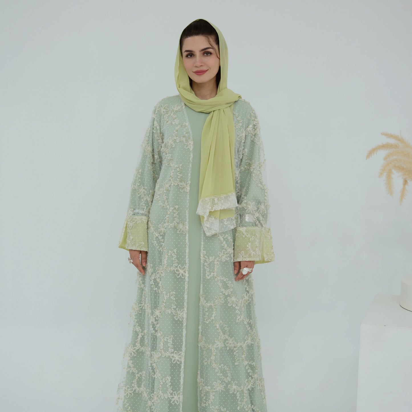 Elegant 3D Floral Mesh Open Abaya with Optional Inner Dress and Scarf