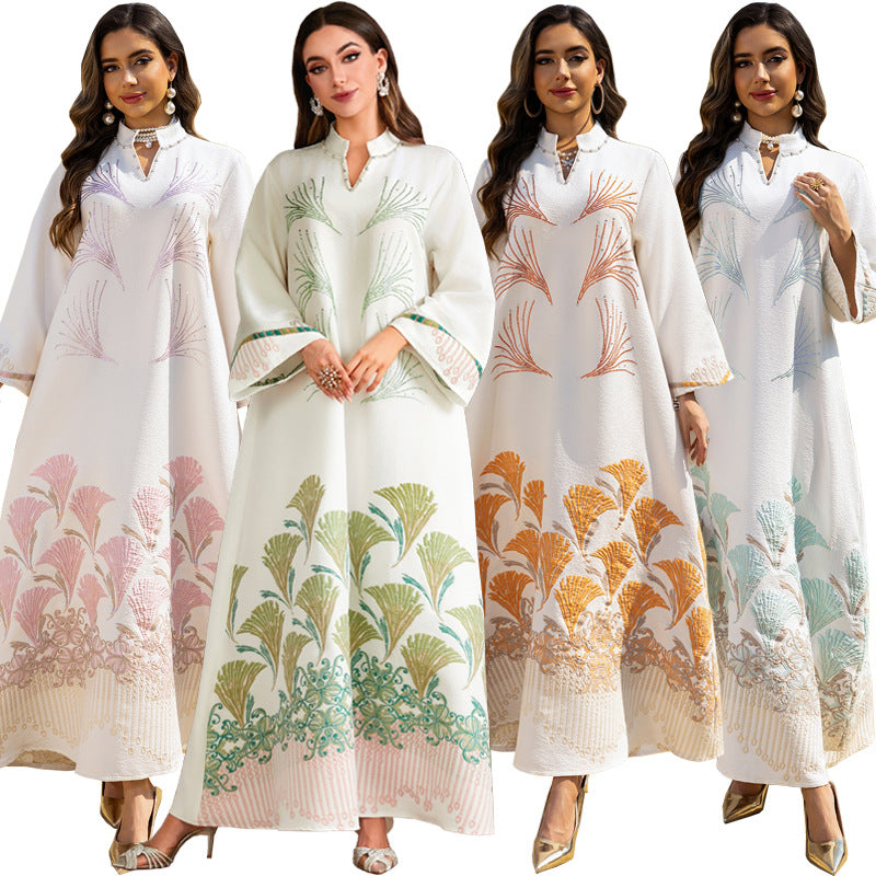 Muslim Women's Jacquard Dress with Rhinestones