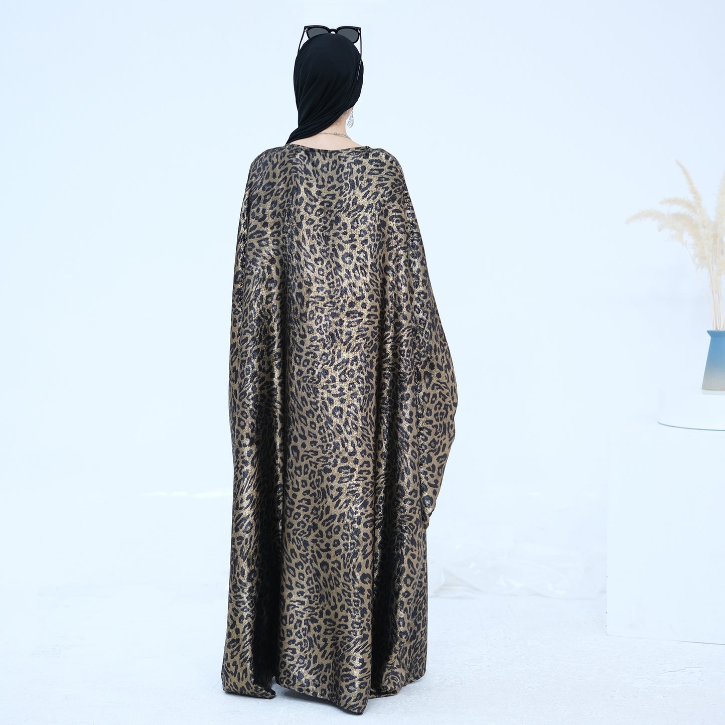 Leopard Print Arab Modest Batwing Sleeve Kaftan Dress