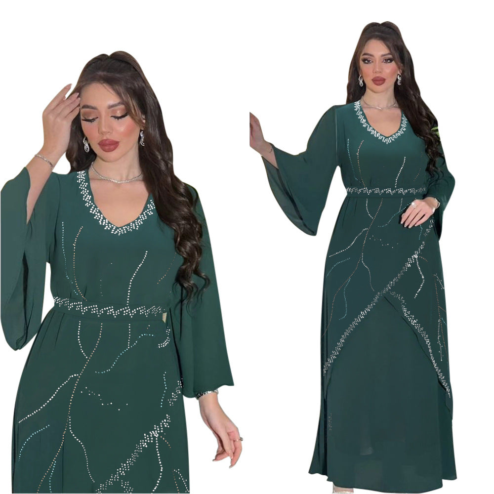 Women's Hot Diamond Chiffon Dress with Belt