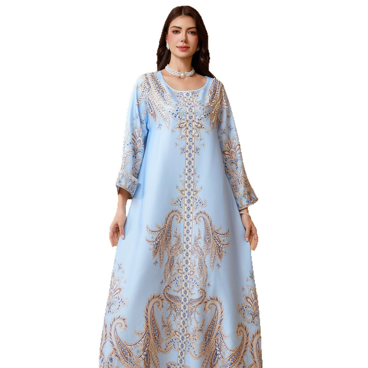 Beaded Rhinestone Sky-Blue Muslim Kaftan Maxi Dress
