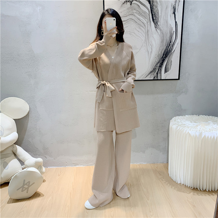 Women's Wide-Leg Pants Knitted Cardigan Two-Piece Set