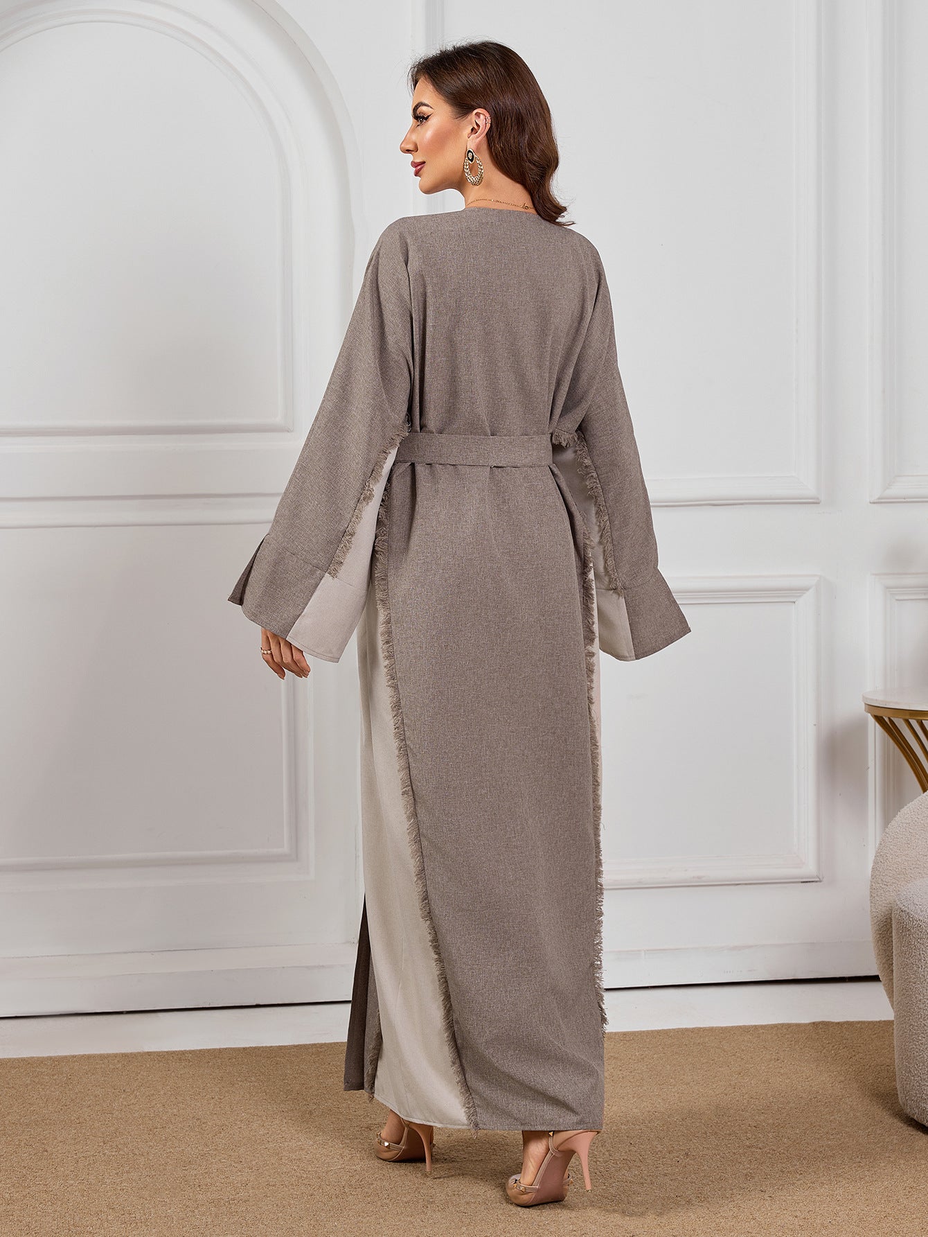 2025 Grey Muslim Maxi Dress: Stylish & Elegant Long Robe with Linen-Like Patchwork Design