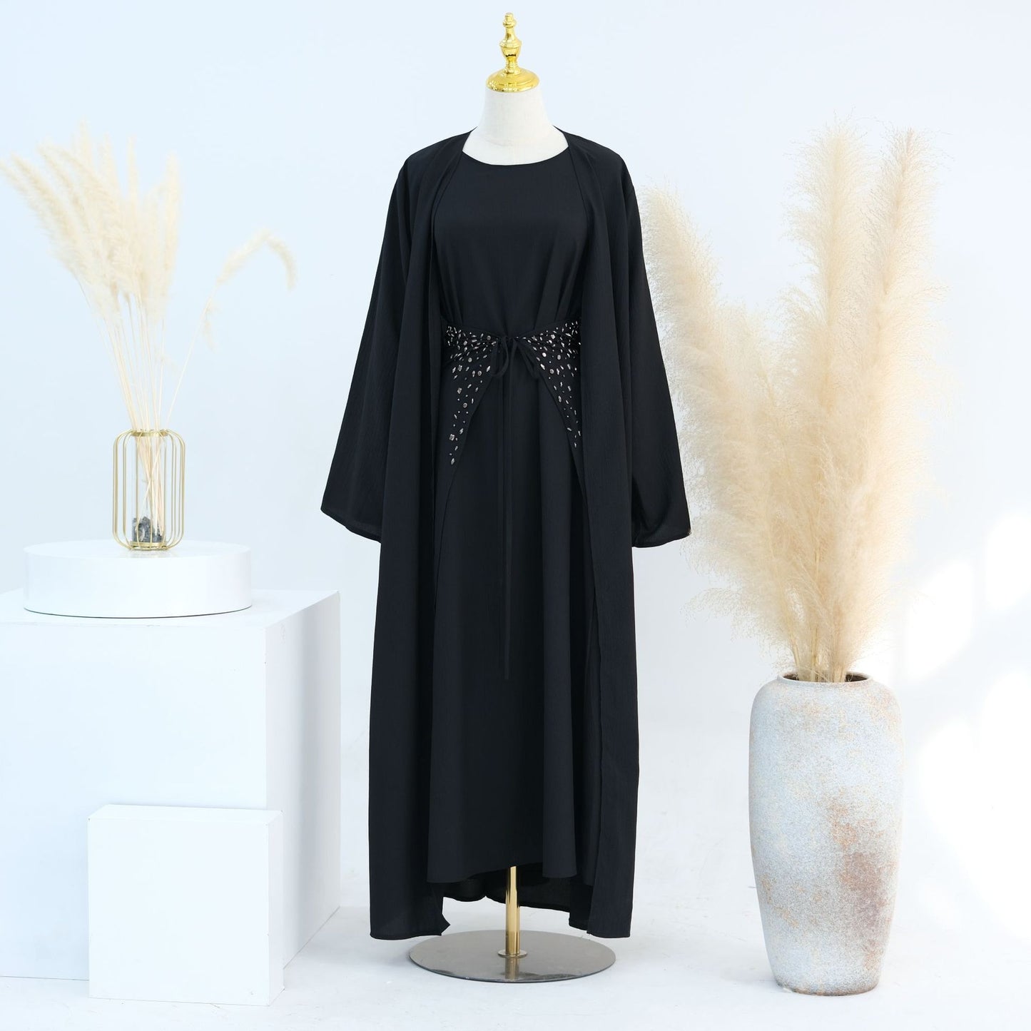 Solid Color Dress Set with Inner Maxi and Outer Abaya