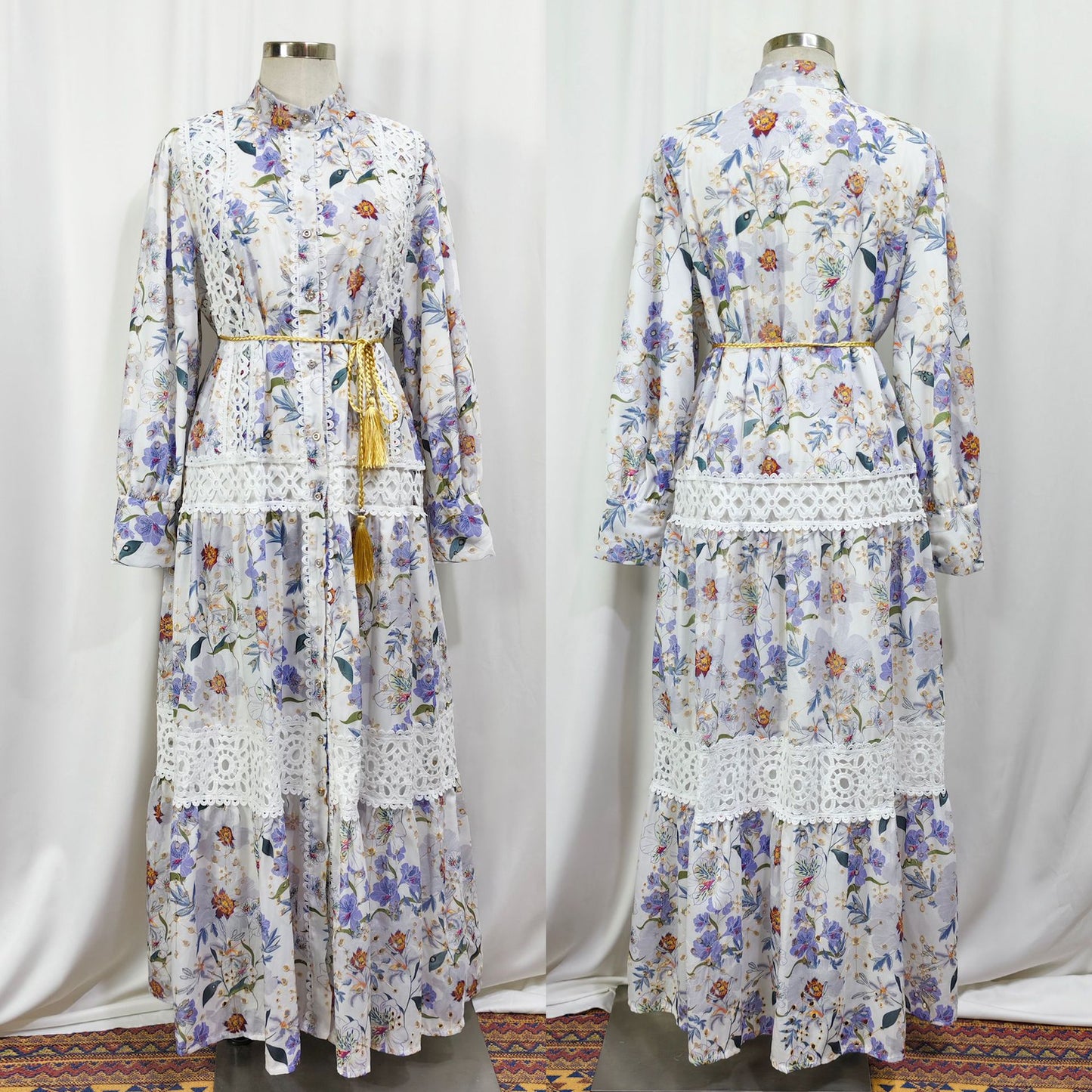 Embroidered Floral Modest Muslim Lantern Sleeve Maxi Dress