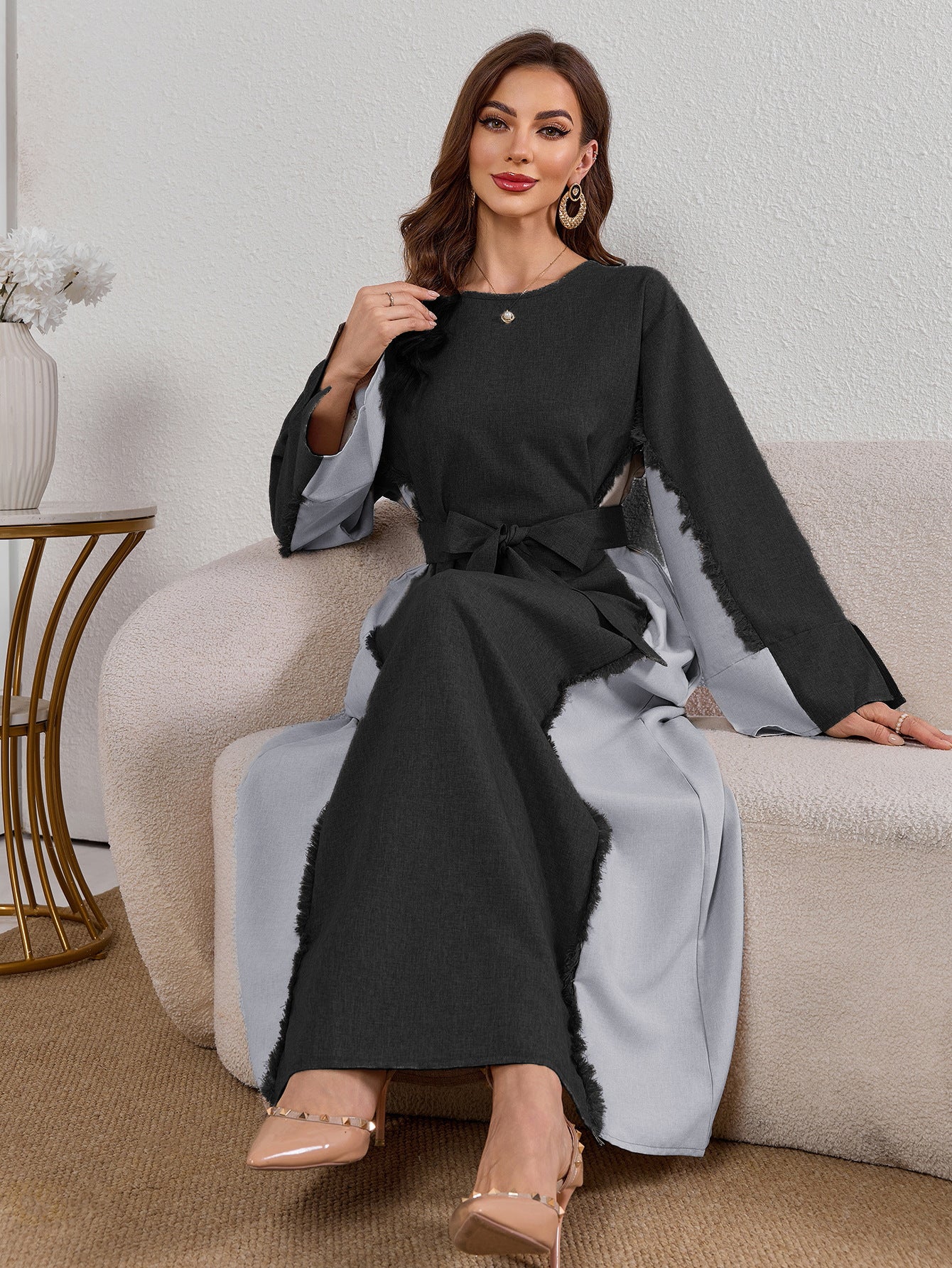 2025 Grey Muslim Maxi Dress: Stylish & Elegant Long Robe with Linen-Like Patchwork Design
