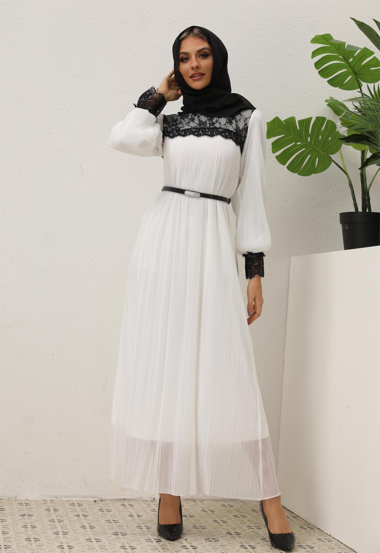 Women's Lace Pleated White Dress (With Belt)