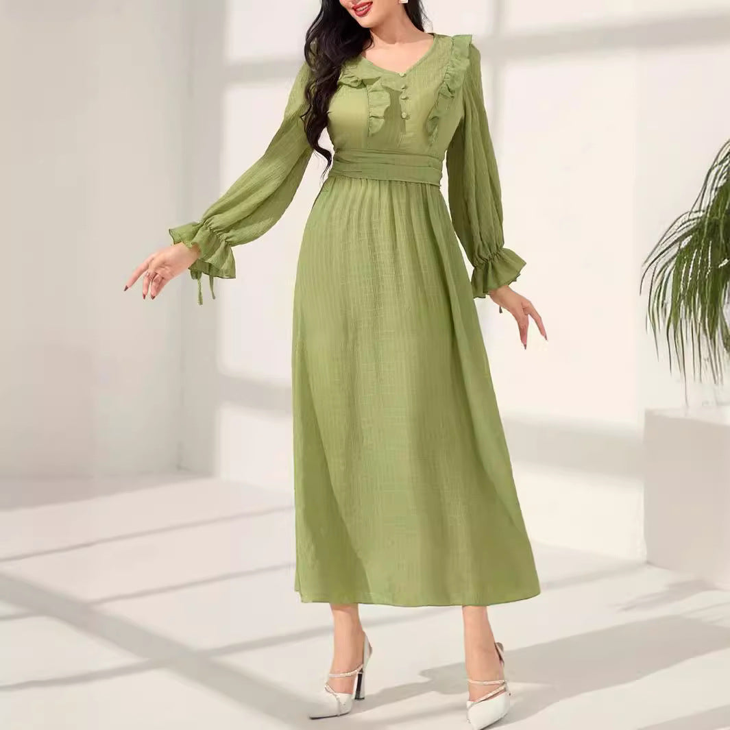 Women's V-neck Trim Waist Green Dress
