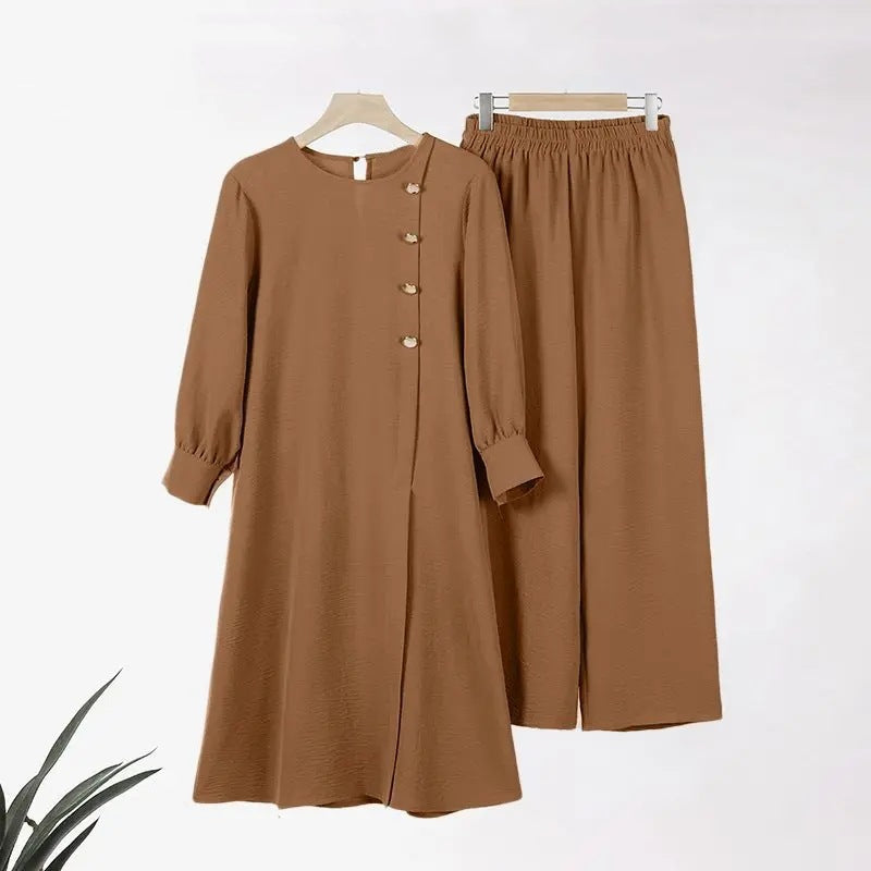 Women's Side Slit Long Shirt Wide Leg Pants Two-Piece Sets
