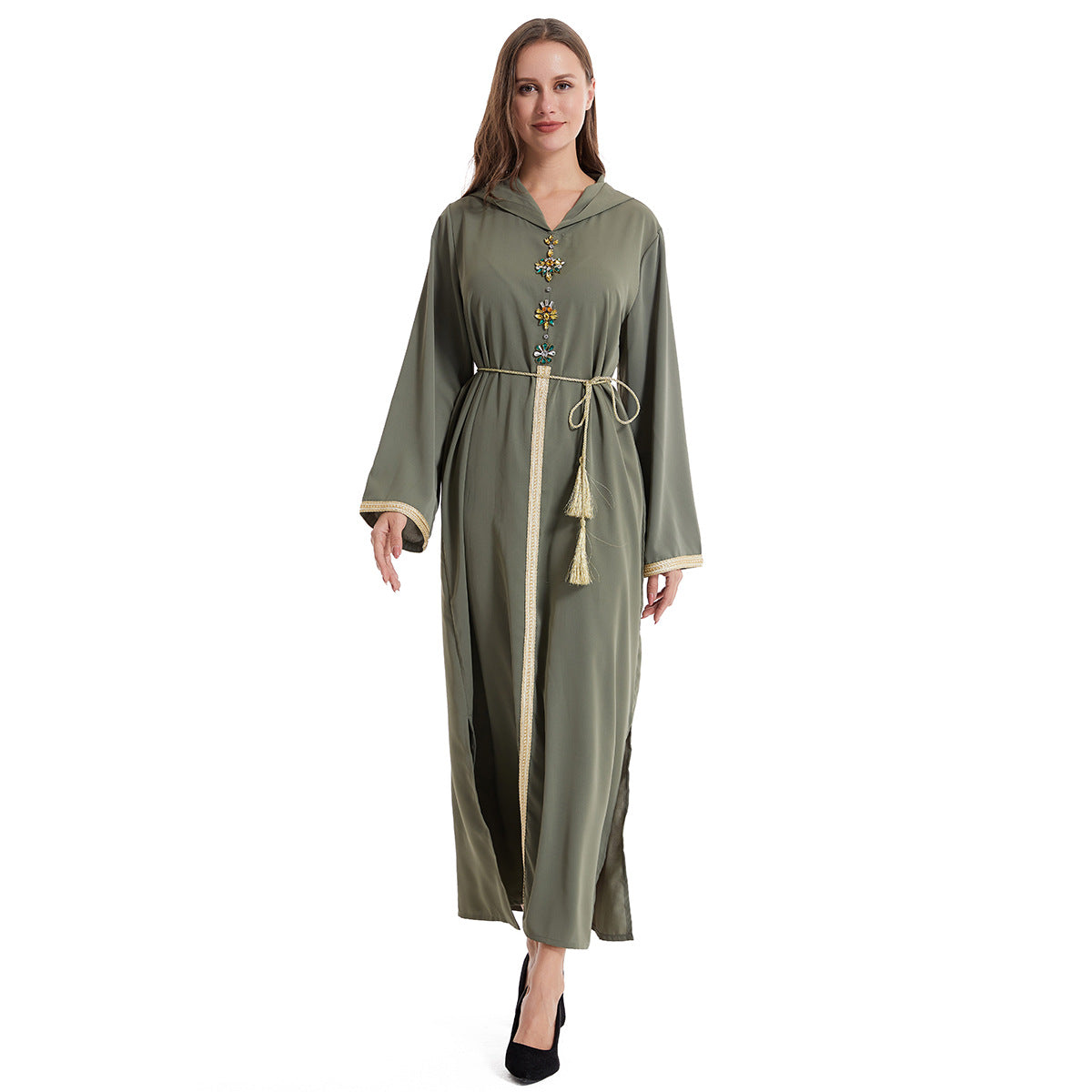 Women's Hooded Long Sleeve Hand-stitched Diamond Dress