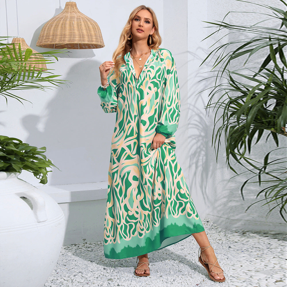 Pullover V-neck Print Swept Long Sleeve Dress