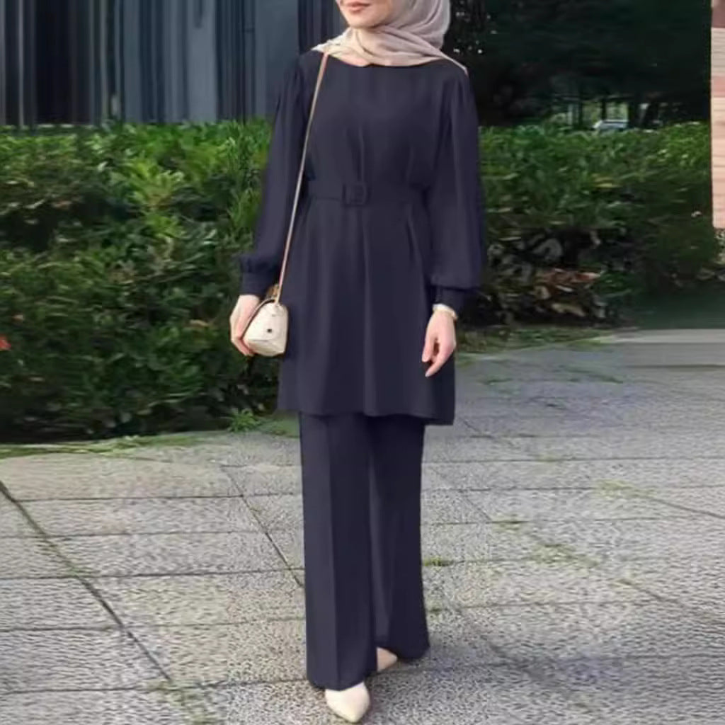 Women's Crewneck Top Waistband Trousers Set