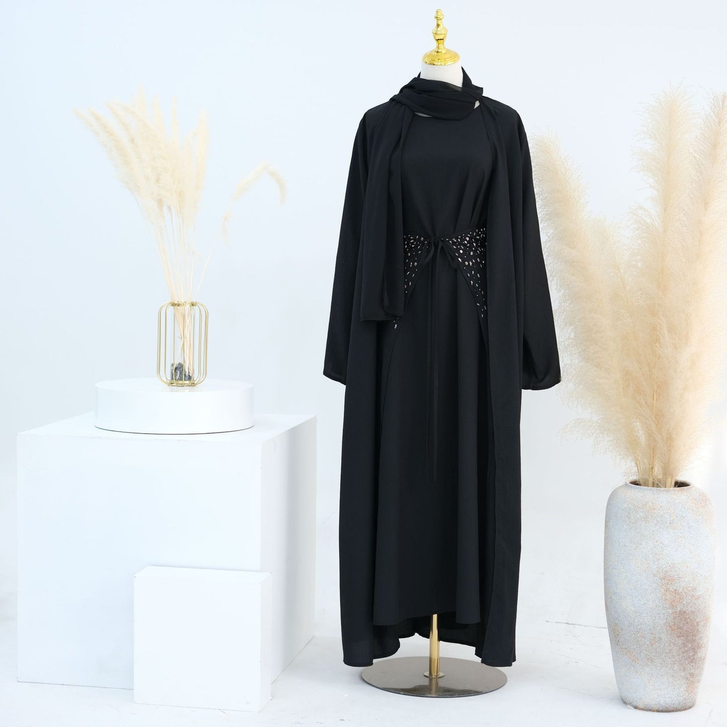 Solid Color Dress Set with Inner Maxi and Outer Abaya