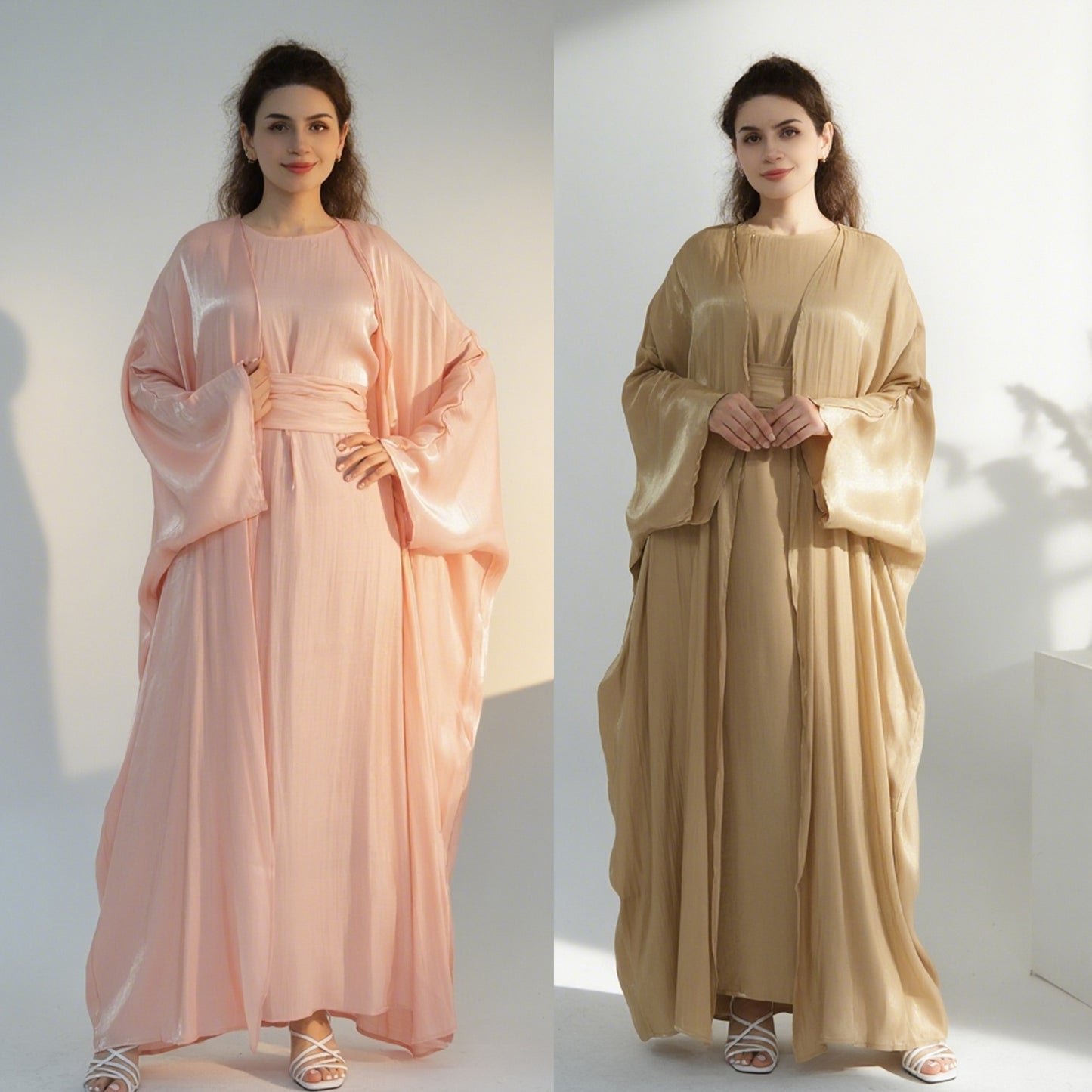 Elegant Solid Color Two Piece Abaya Set with Inner Dress