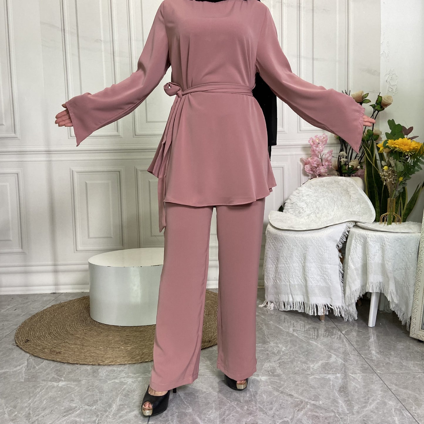 Simple Wide Leg Pants Lace-Up Set