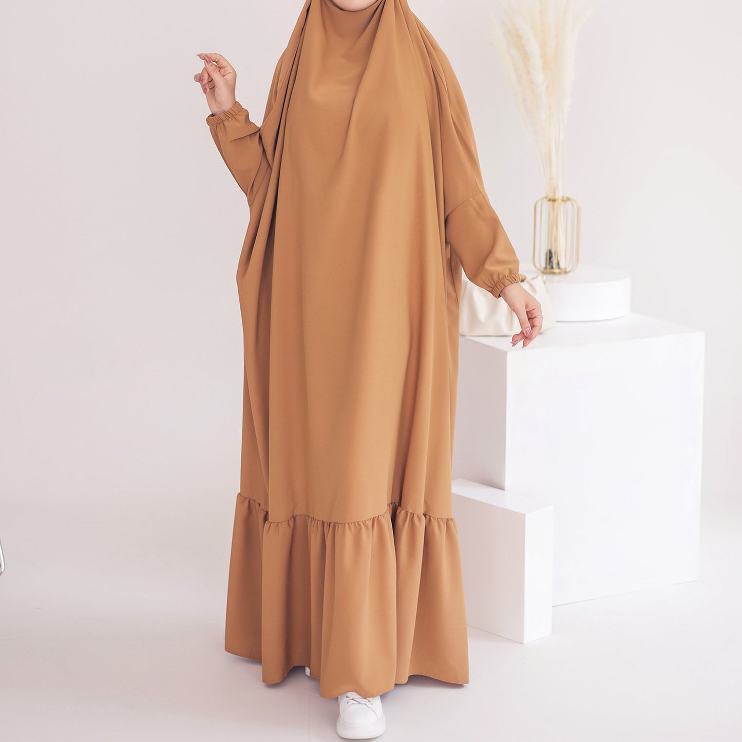 Women's Solid Color Robe Dress Jilbab Include Headscarf