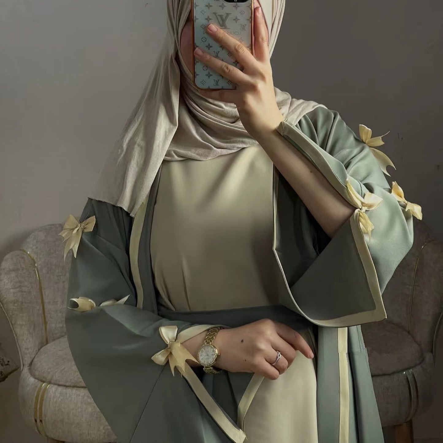 Bow Tie Open Abaya with Contrast Trim for Women