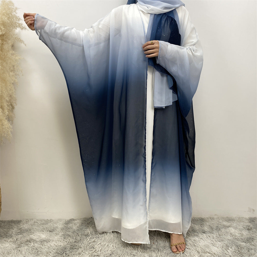 Muslim Chiffon Cardigan Gradient Bat Sleeve Set with Hijab