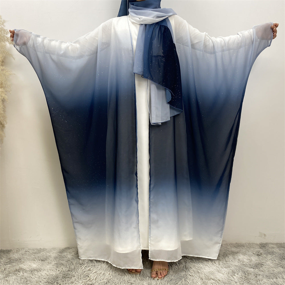 Muslim Chiffon Cardigan Gradient Bat Sleeve Set with Hijab