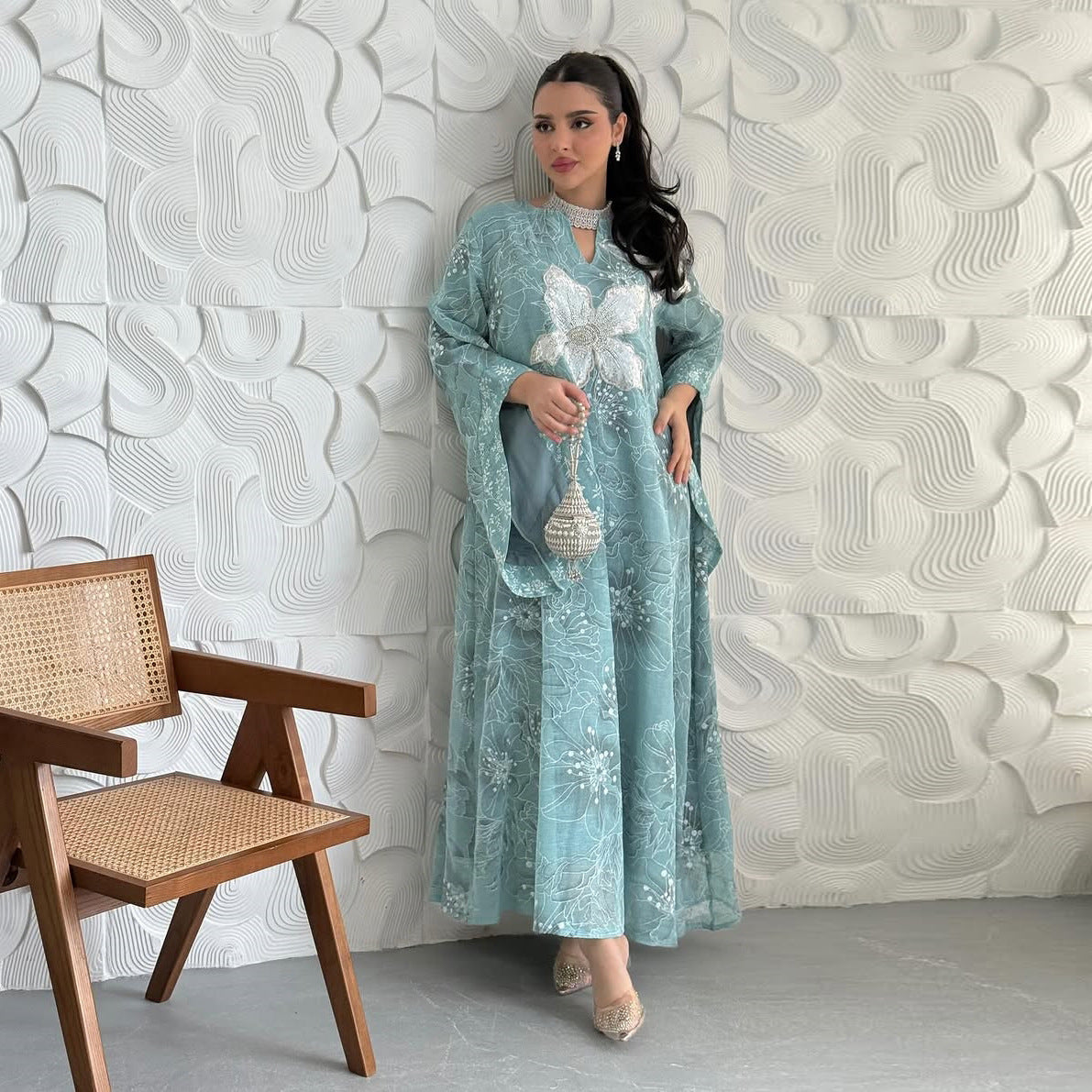 Women's Embroidered Chiffon Dress with Appliqués and Sequins