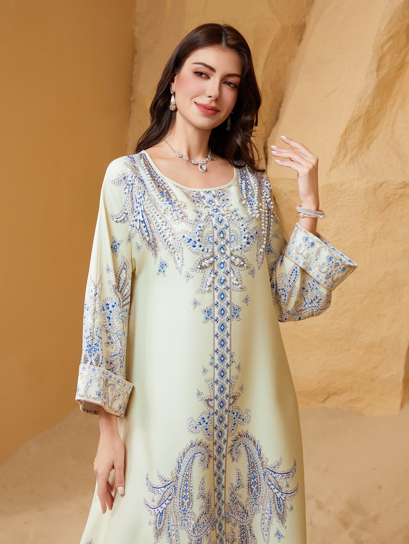 Beaded Print Muslim Kaftan Maxi Dress