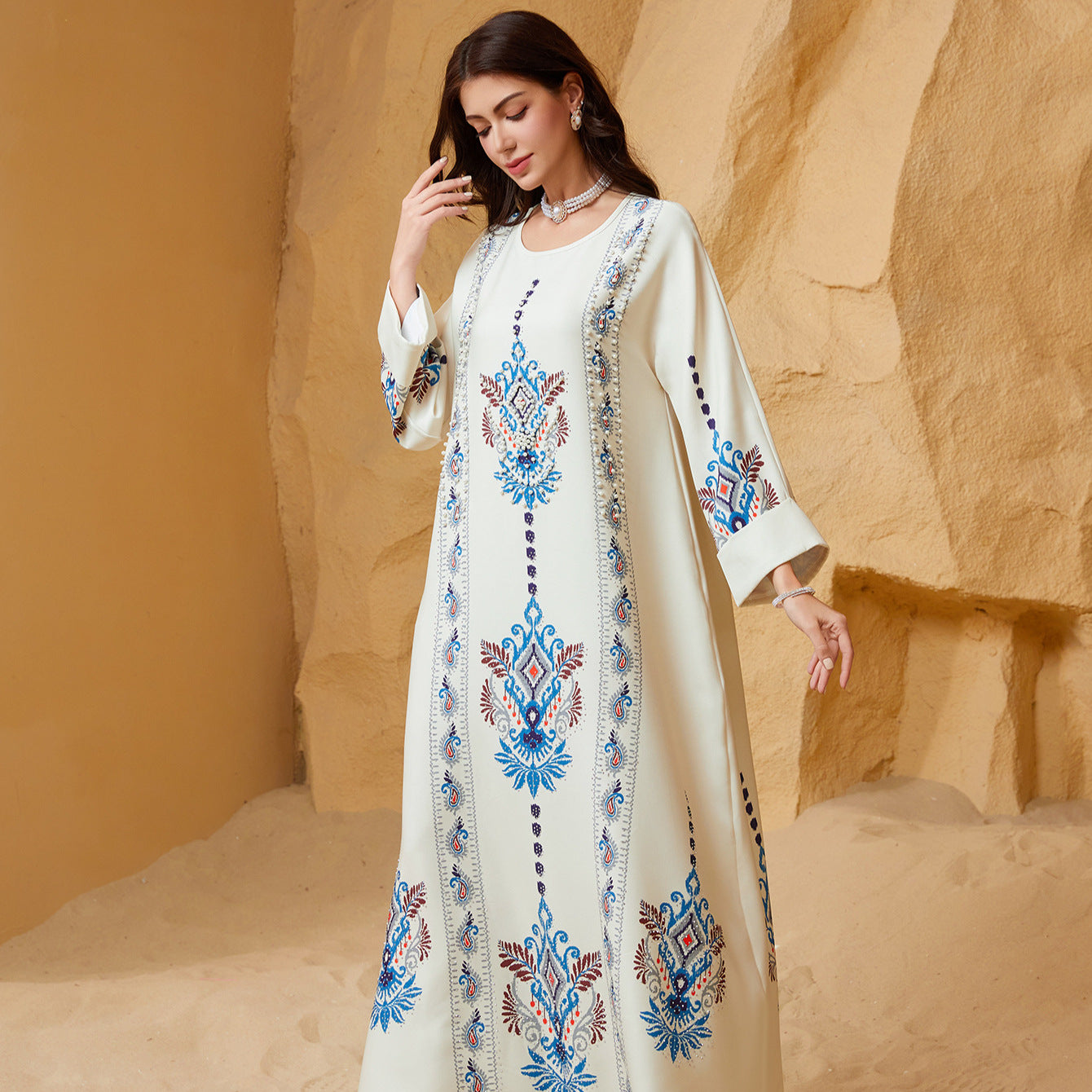 Muslim Polyester Pearl Rhinestone Party Maxi Dress