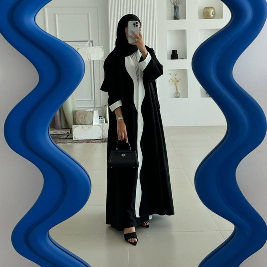 Black and White Contrast Abaya Open Front Long Robe for Women