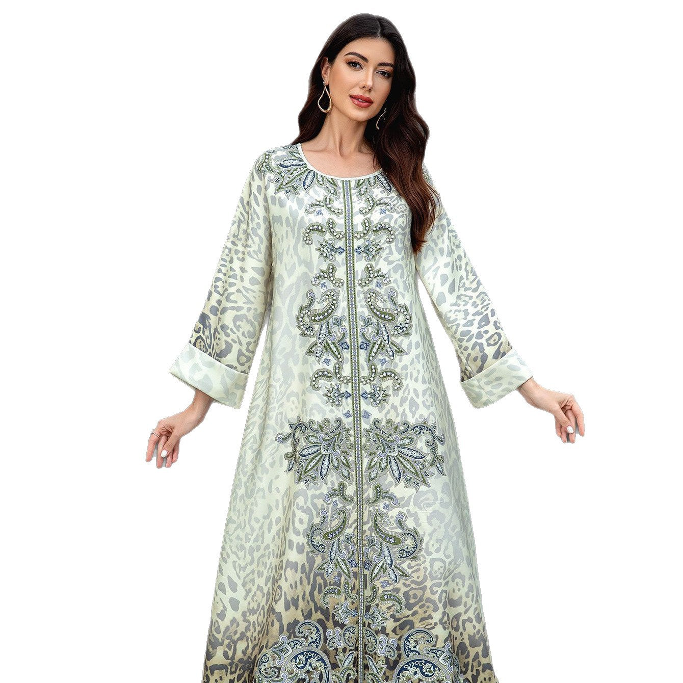 Leopard Beaded Rhinestone Muslim Kaftan Maxi Dress
