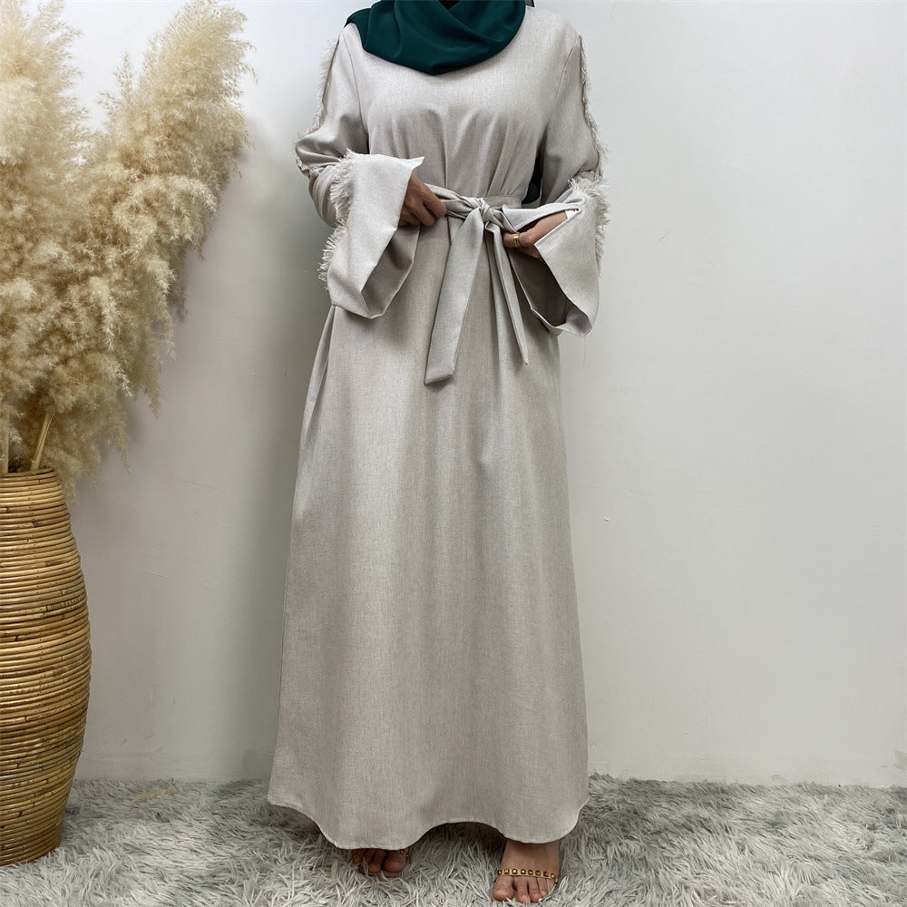 Fringe Sleeve Muslim Flare-Hem Maxi Dress