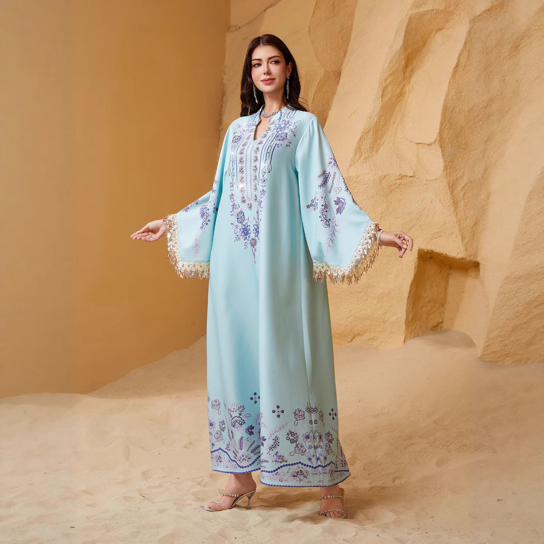 Fringe-Sleeve Embroidered Muslim Kaftan Dress