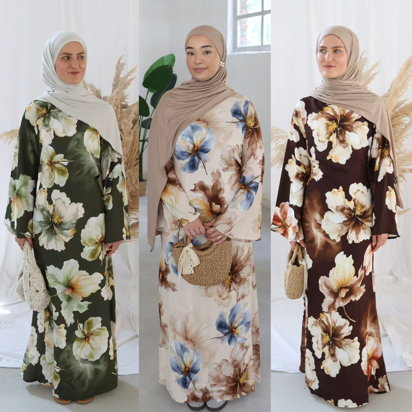Floral Print Maxi Dress with Round Neck and Long Sleeves