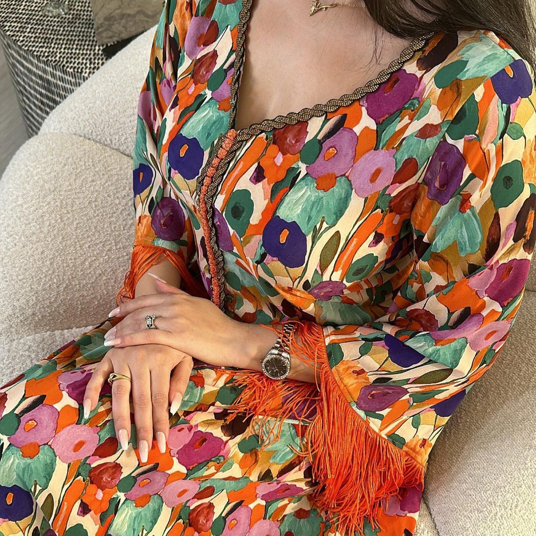 Print Casual V-Neck Jalabiya Dress