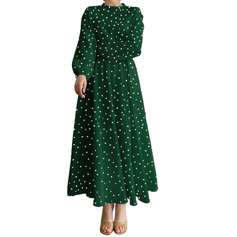 Women's Long-sleeved Crewneck Heart-print Dress