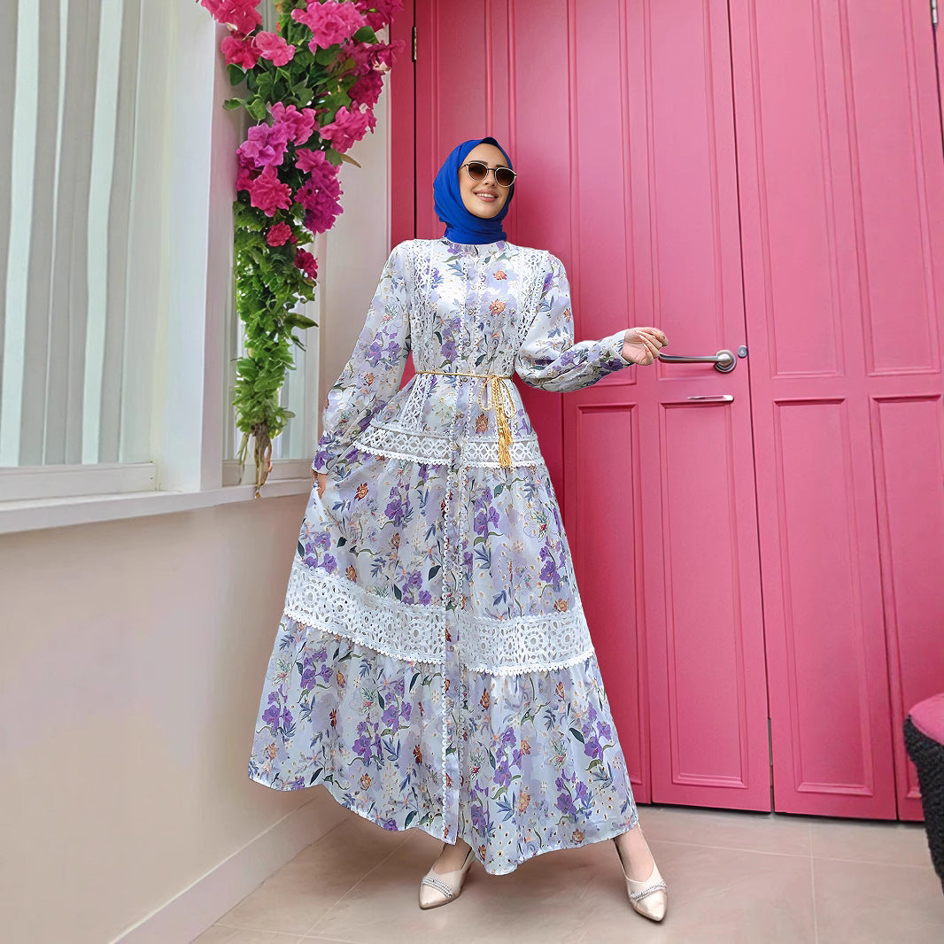 Embroidered Floral Modest Muslim Lantern Sleeve Maxi Dress